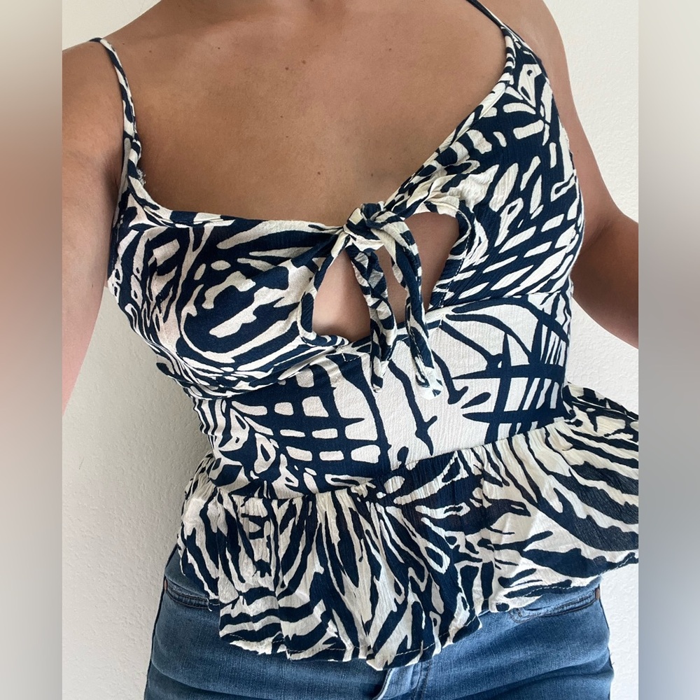 Cute Navy & White Print Medium Tank Top, Tie Front Detail, Adjustable Straps
